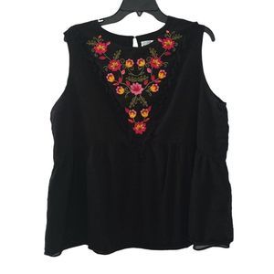TRIED AND TRU Sleeveless Top Swiss-Dot Peplem with Floral Embroidery